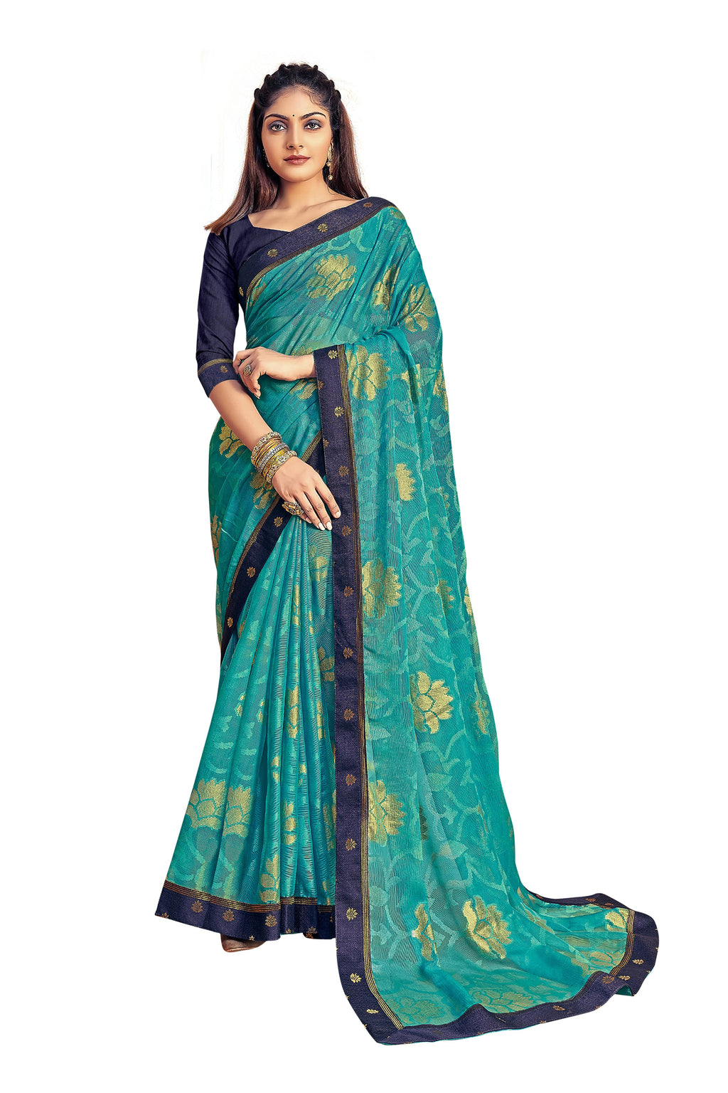 Vamika Rama Green Designer Chiffon Brasso Saree With Exclusive Banarasi Lace