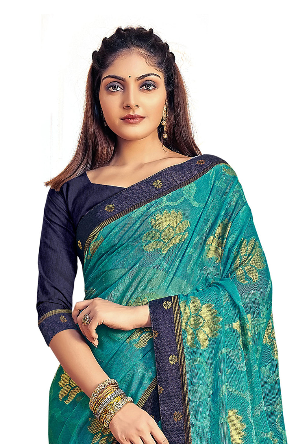 Vamika Rama Green Designer Chiffon Brasso Saree With Exclusive Banarasi Lace