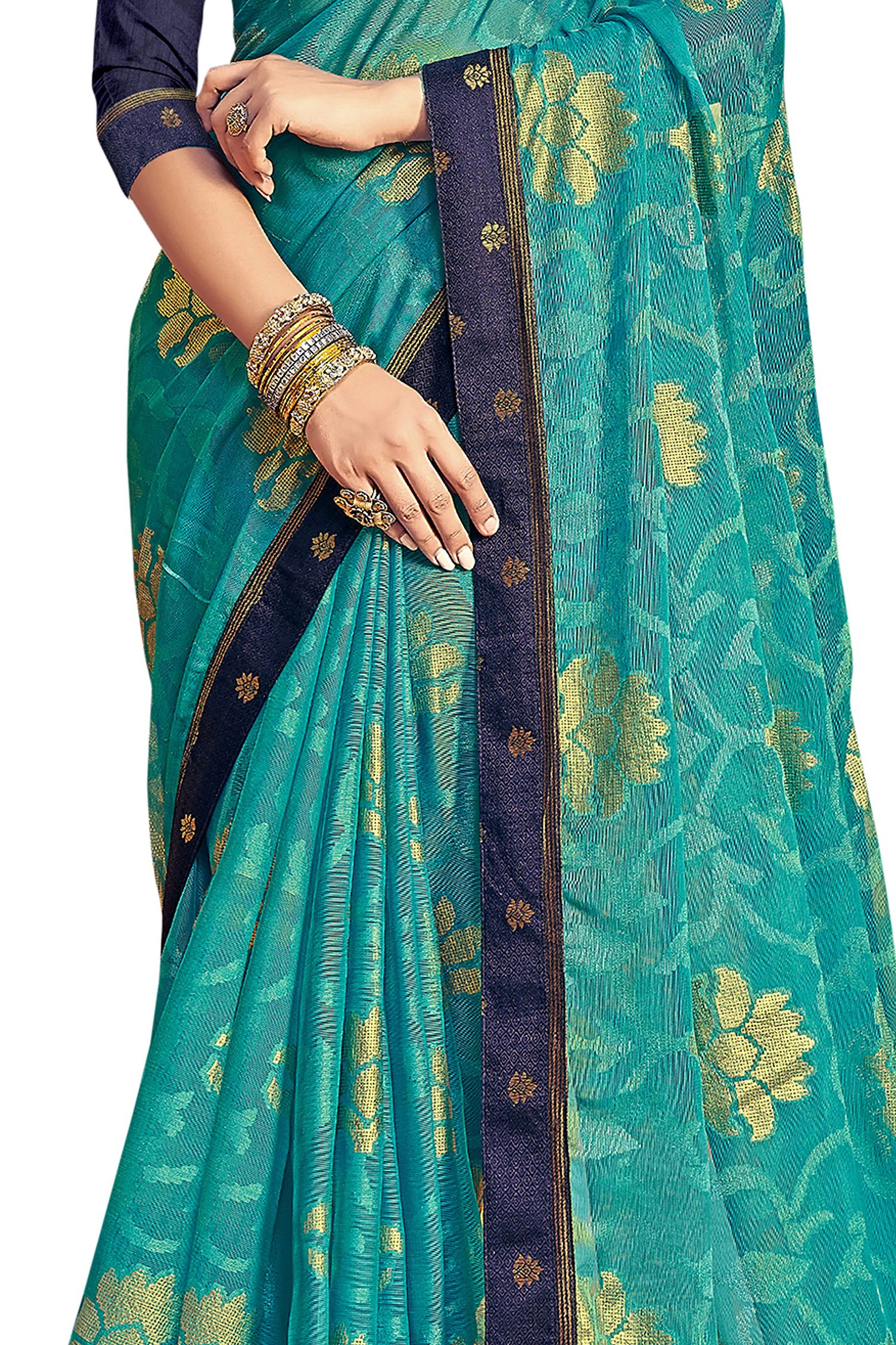 Vamika Rama Green Designer Chiffon Brasso Saree With Exclusive Banarasi Lace