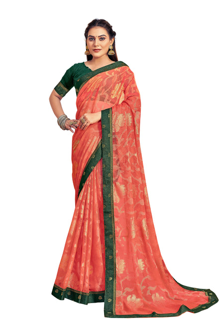 Vamika Orange Designer Chiffon Brasso Saree With Exclusive Banarasi Lace