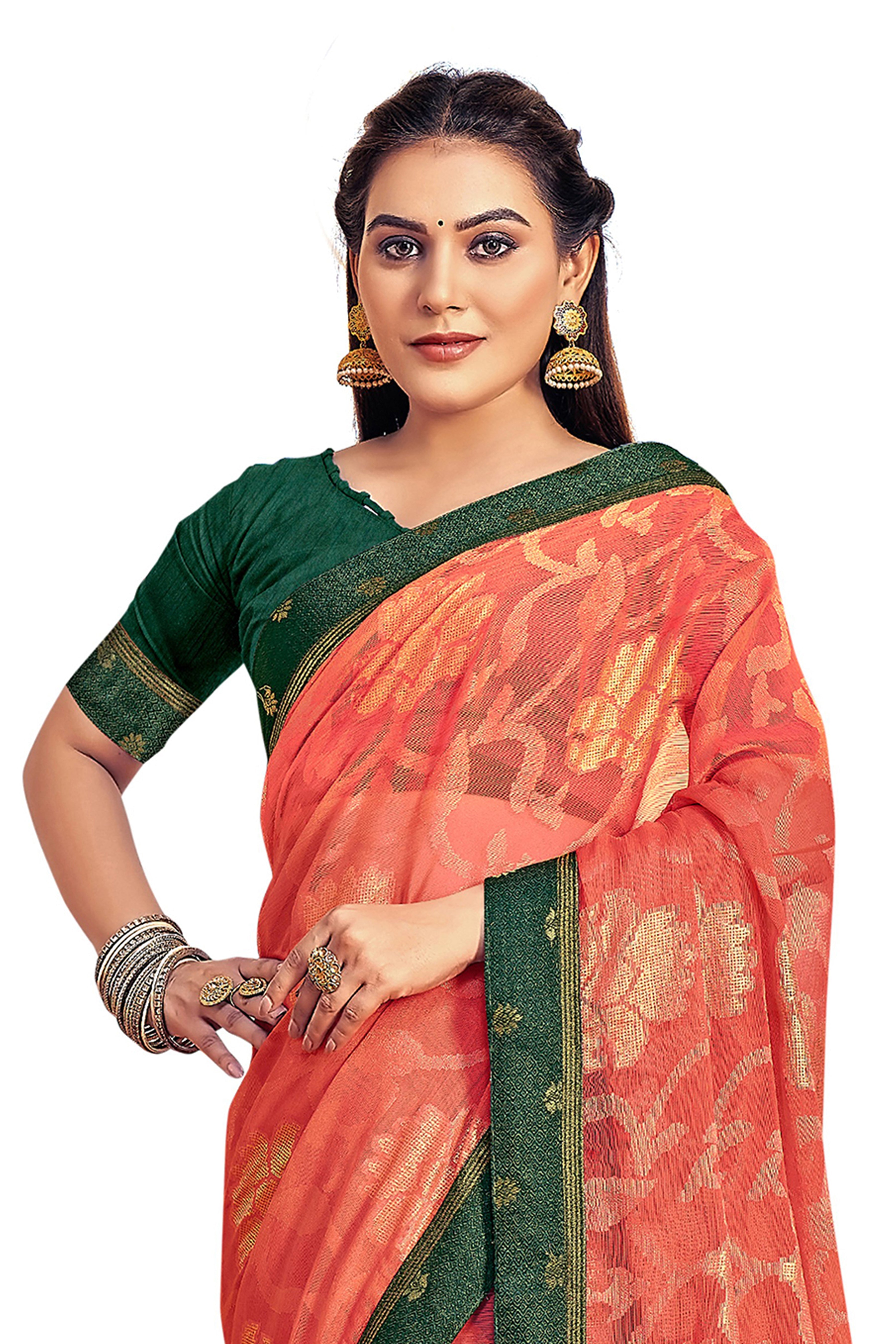 Vamika Orange Designer Chiffon Brasso Saree With Exclusive Banarasi Lace