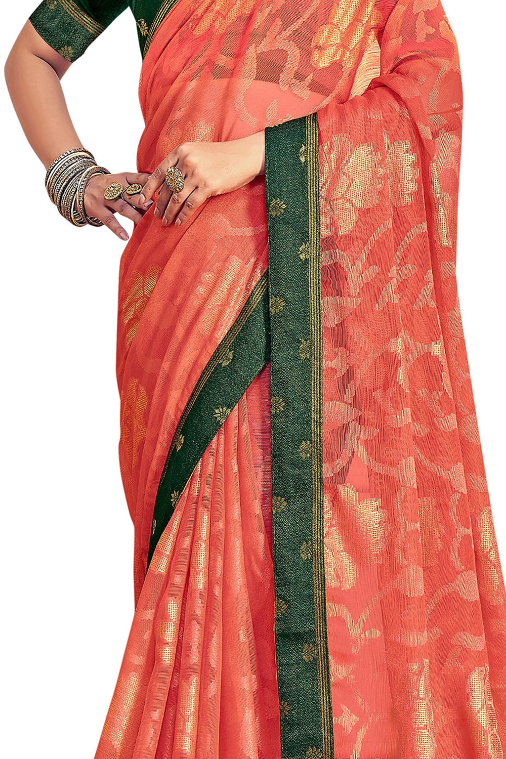 Vamika Orange Designer Chiffon Brasso Saree With Exclusive Banarasi Lace
