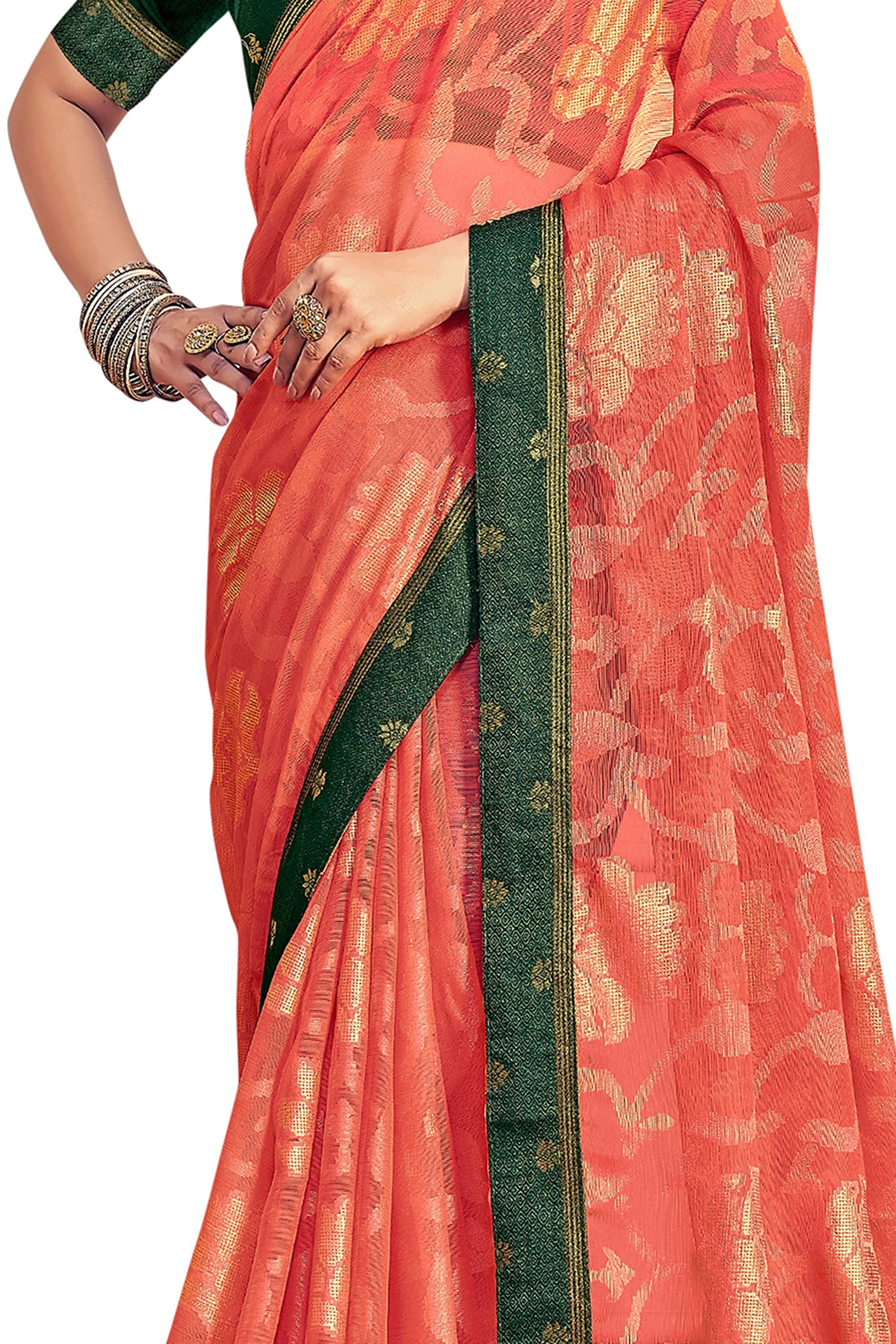 Vamika Orange Designer Chiffon Brasso Saree With Exclusive Banarasi Lace