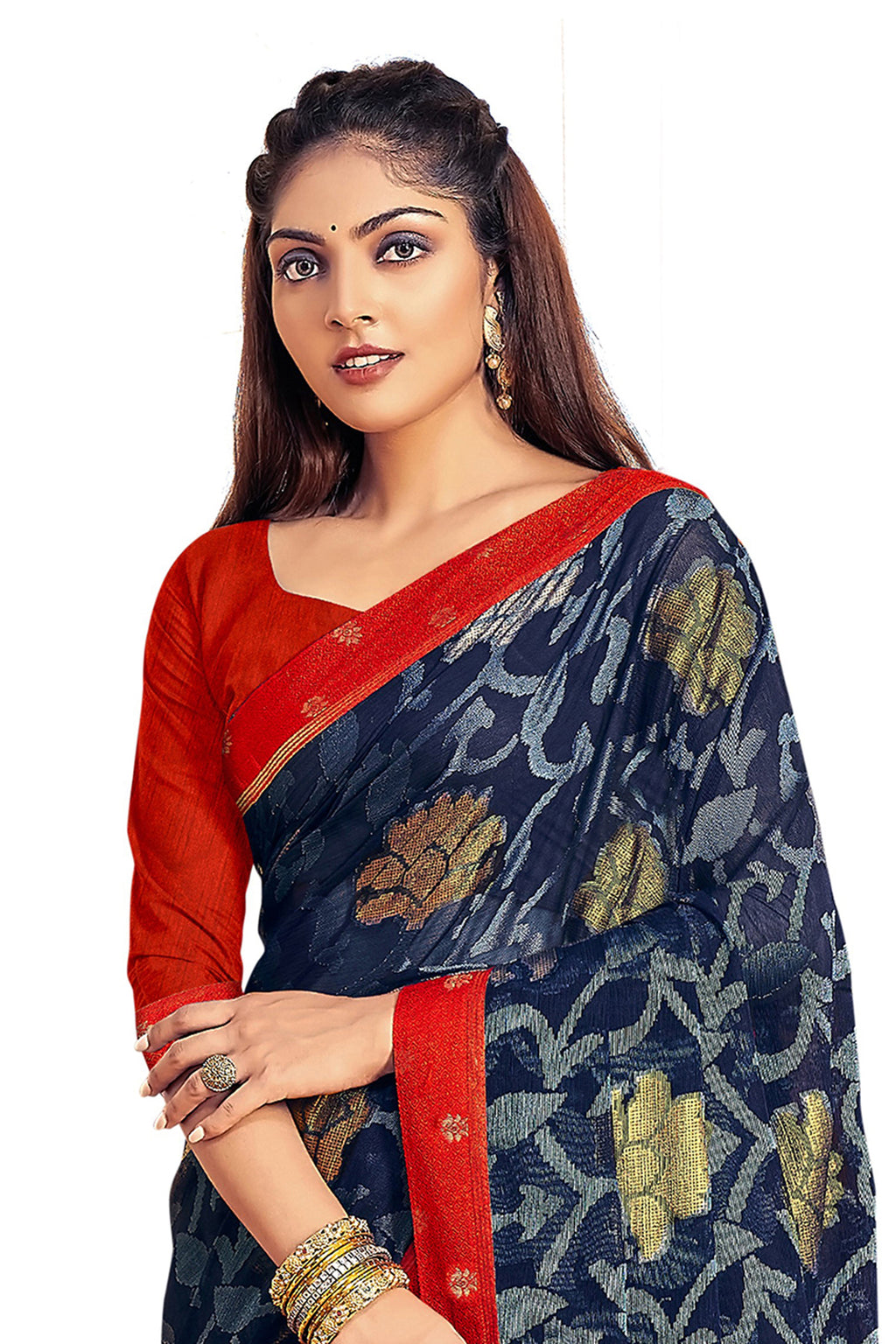 Vamika Navy Blue Designer Chiffon Brasso Saree With Exclusive Banarasi Lace