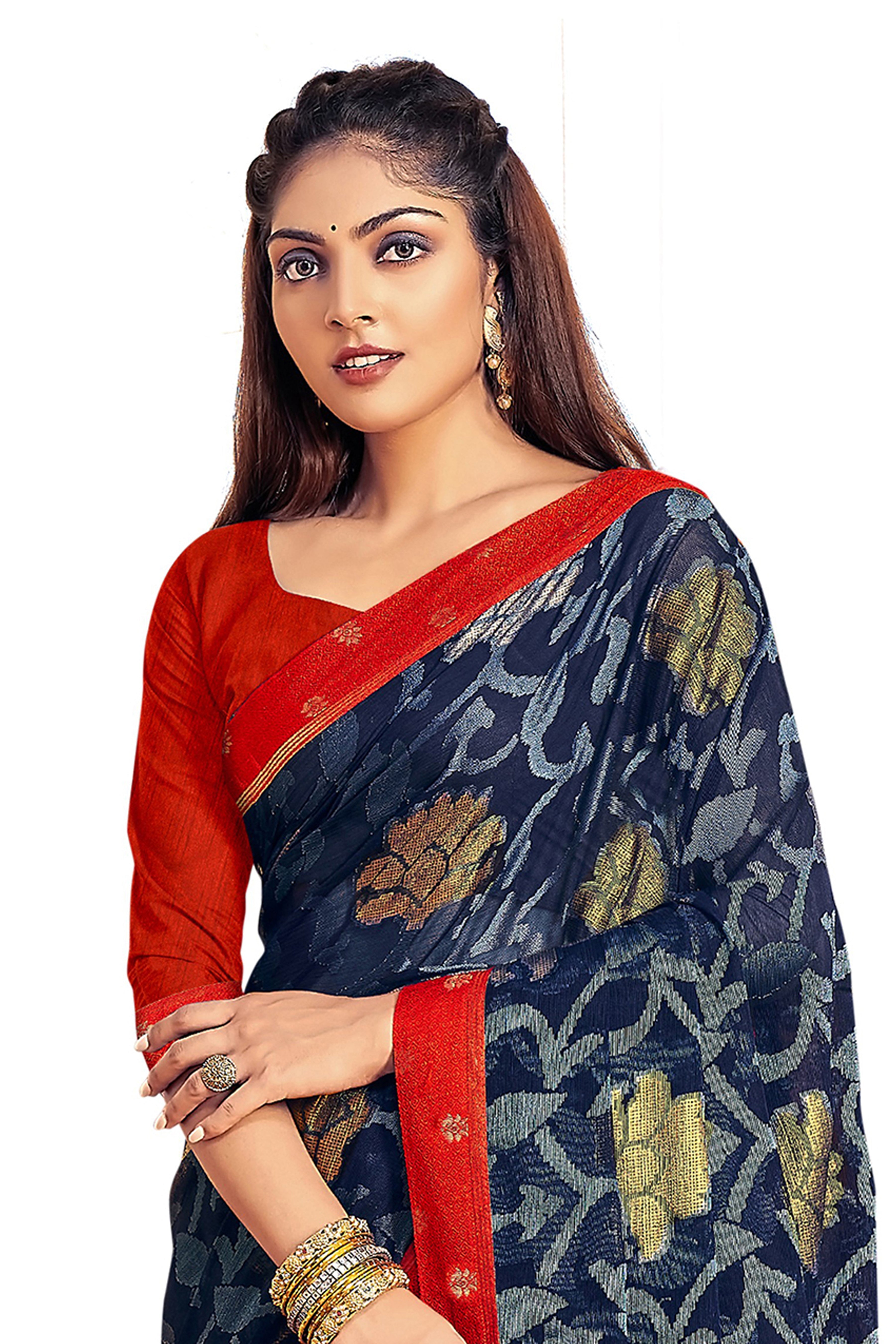 Vamika Navy Blue Designer Chiffon Brasso Saree With Exclusive Banarasi Lace