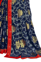 Vamika Navy Blue Designer Chiffon Brasso Saree With Exclusive Banarasi Lace