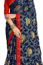Vamika Navy Blue Designer Chiffon Brasso Saree With Exclusive Banarasi Lace