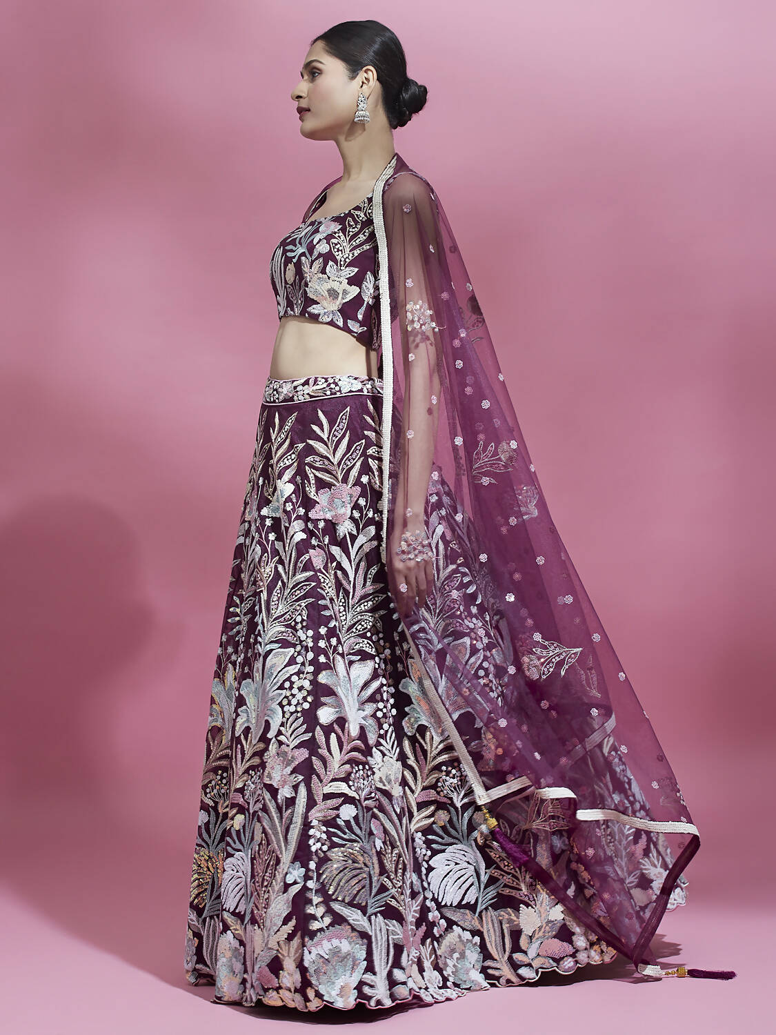 House of Panchhi Burgundy Net Sequinse Work Lehenga & Blouse with Dupatta