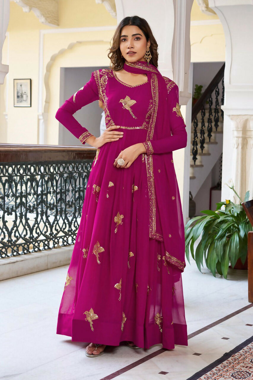 The52 Women's Gorgeous Faux Georgette Fabric Embroidery Work Flared Anarkali Pant and Dupatta Set - Distacart