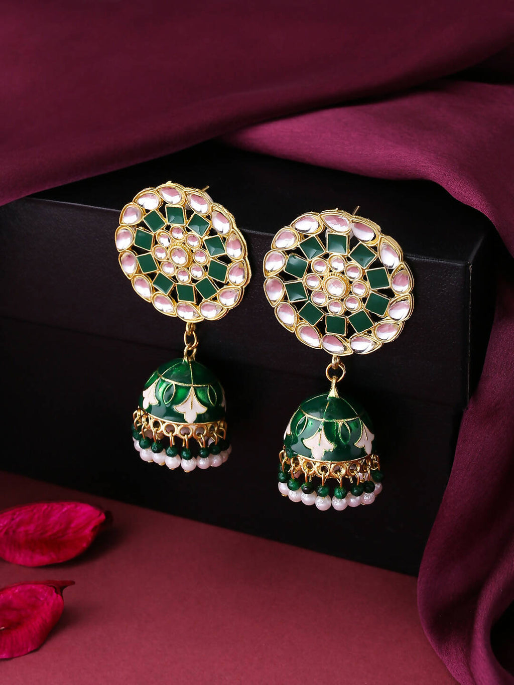 NVR Women Gold Plated Green Dome Shaped Meenkari Jhumkas Earrings - Distacart