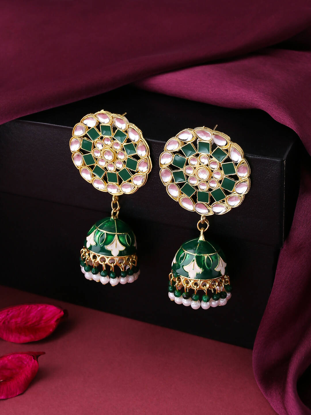 NVR Women Gold Plated Green Dome Shaped Meenkari Jhumkas Earrings - Distacart