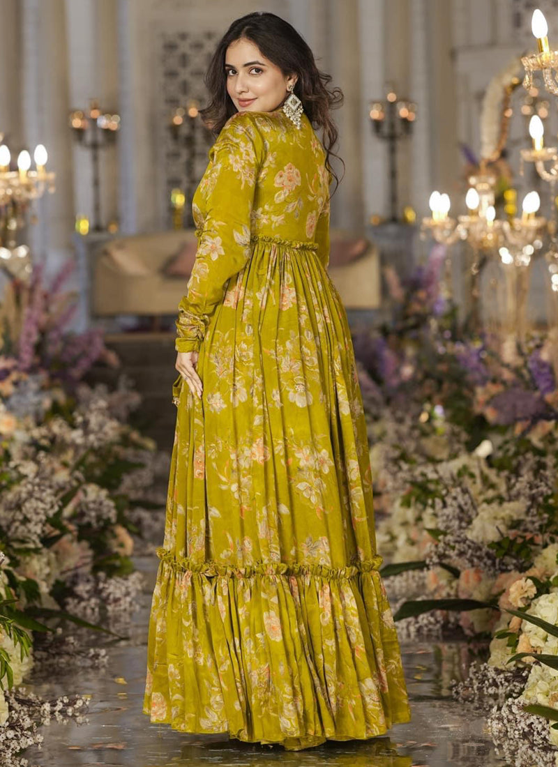 Vegaa Fashion Smith Green Chinon Silk Digital Print Palazzo With Shrug Indo Western Suit - Distacart