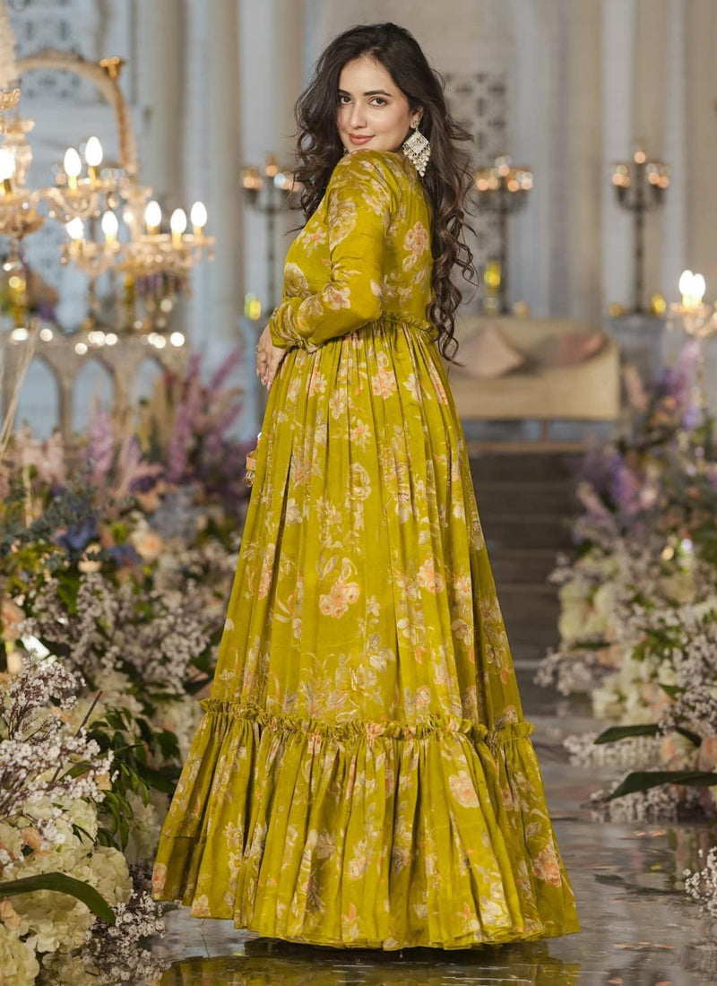 Vegaa Fashion Smith Green Chinon Silk Digital Print Palazzo With Shrug Indo Western Suit - Distacart