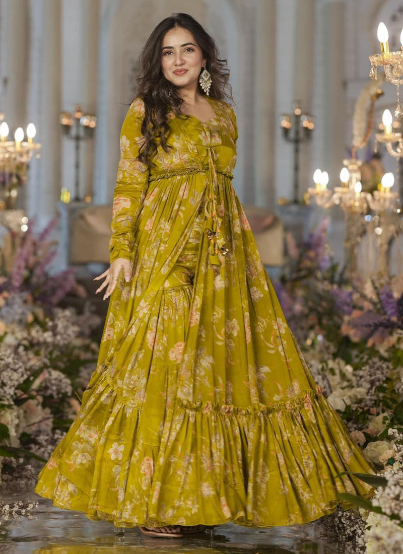 Vegaa Fashion Smith Green Chinon Silk Digital Print Palazzo With Shrug Indo Western Suit - Distacart