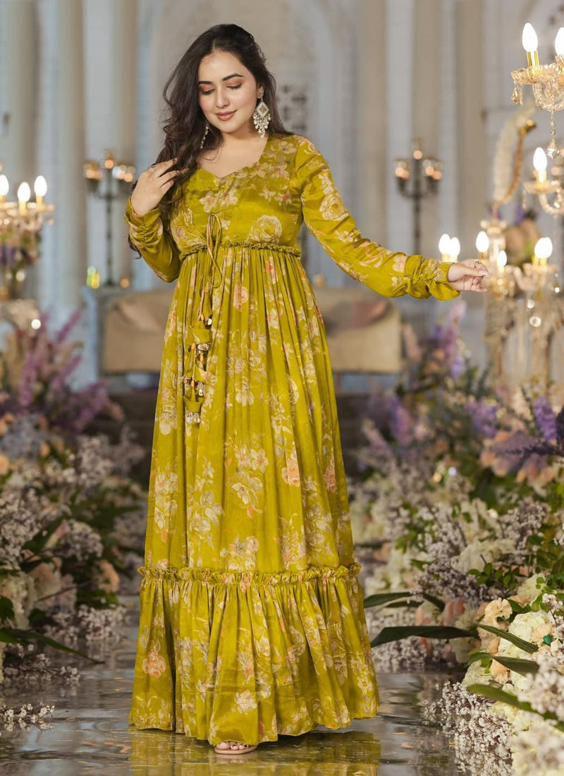 Vegaa Fashion Smith Green Chinon Silk Digital Print Palazzo With Shrug Indo Western Suit - Distacart