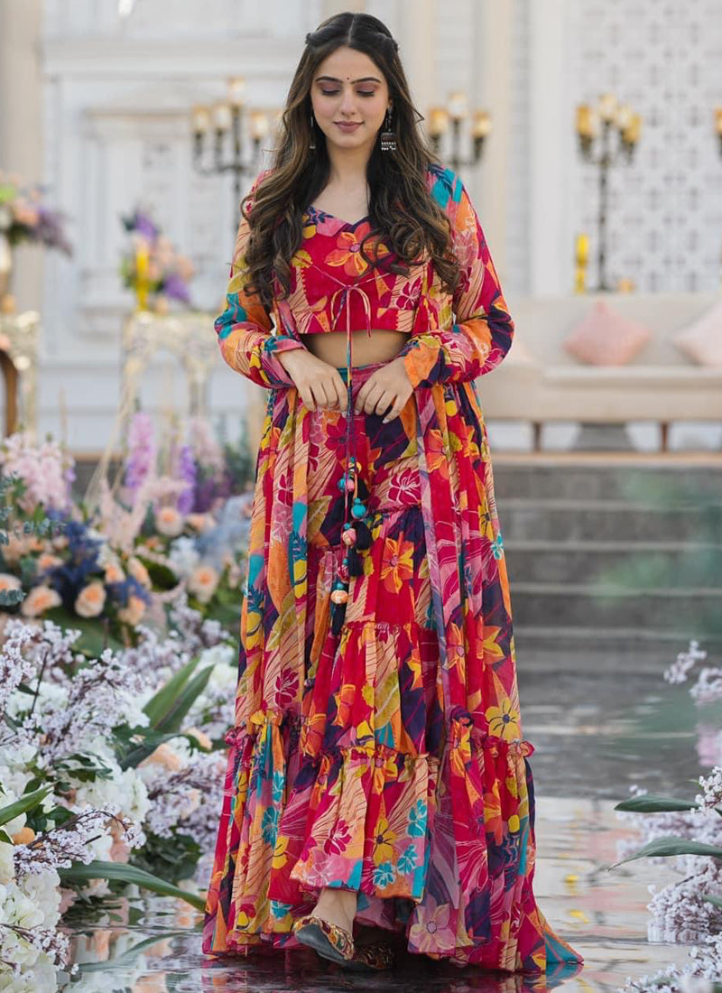 Vegaa Fashion Multicolor Chinon Silk Digital Print Palazzo With Shrug Indo Western Suit - Distacart