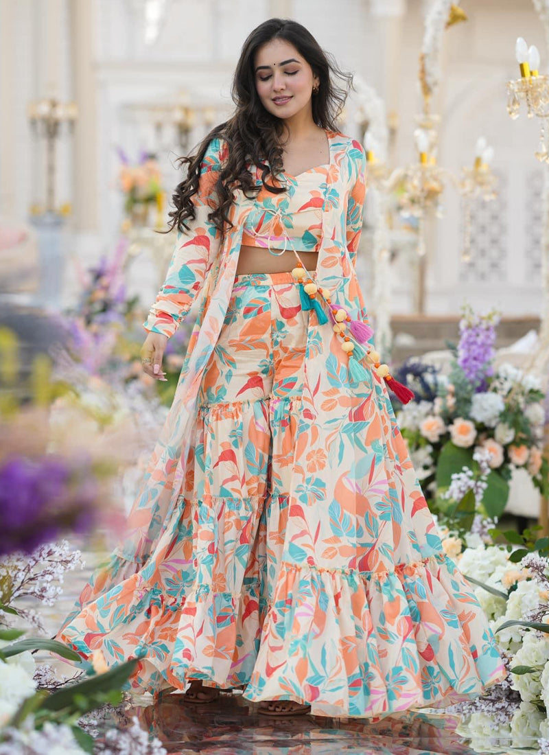 Vegaa Fashion Off White Chinon Silk Digital Print Palazzo With Shrug Indo Western Suit - Distacart
