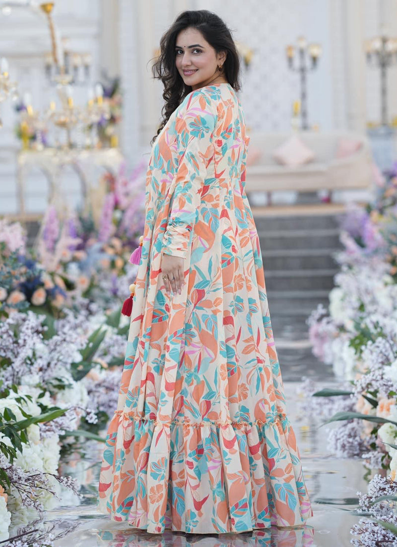 Vegaa Fashion Off White Chinon Silk Digital Print Palazzo With Shrug Indo Western Suit - Distacart