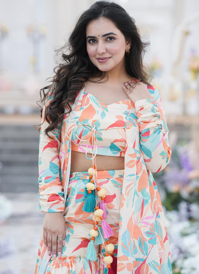 Vegaa Fashion Off White Chinon Silk Digital Print Palazzo With Shrug Indo Western Suit - Distacart
