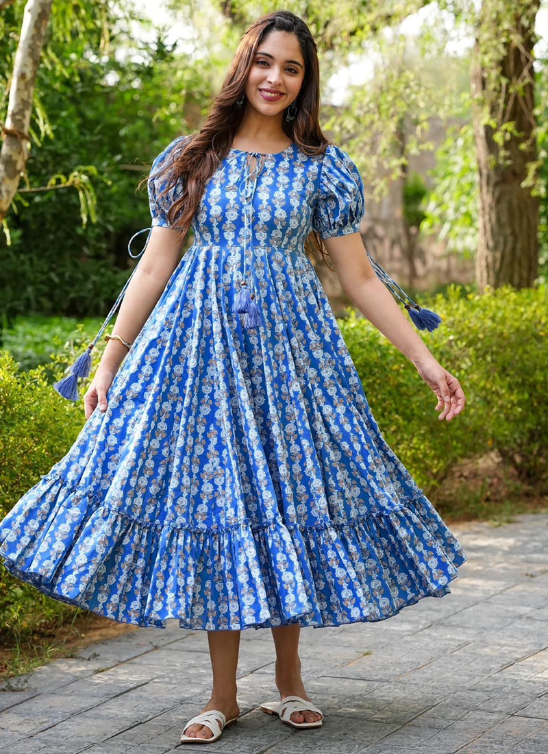 Vegaa Fashion Blue Rayon Digital Print Designer Western Gown - Distacart