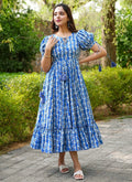 Vegaa Fashion Blue Rayon Digital Print Designer Western Gown - Distacart