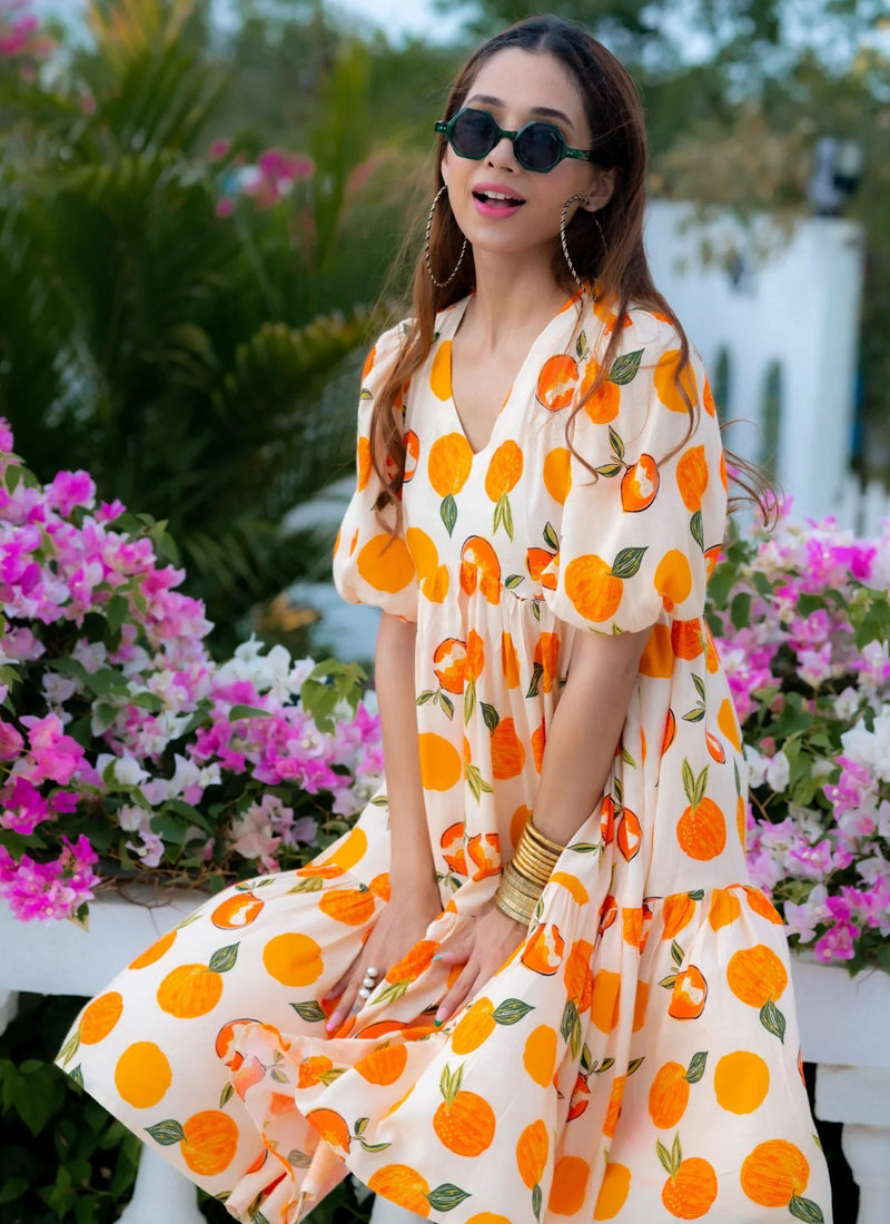 Vegaa Fashion Off White Rayon Digital Print Designer Western Gown - Distacart