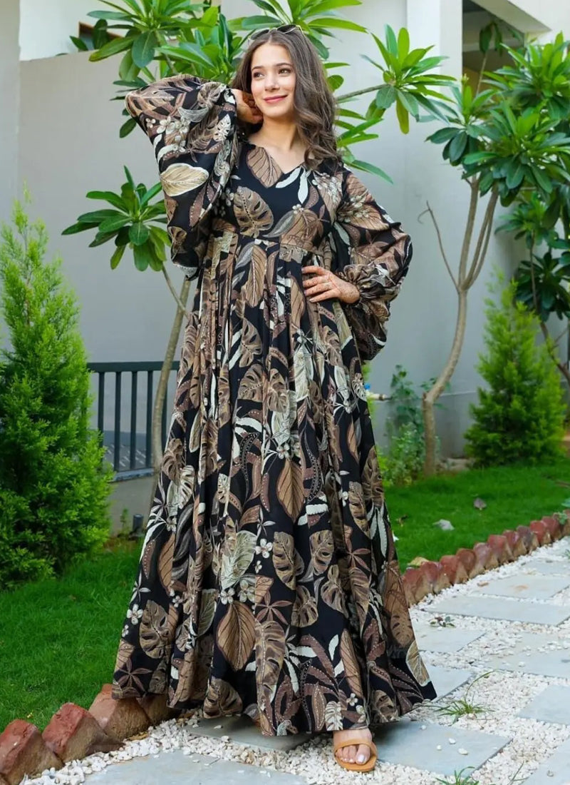Vegaa Fashion Multi Color Heavy Air Tex Chinon Silk Digital Print Designer Gown - Distacart