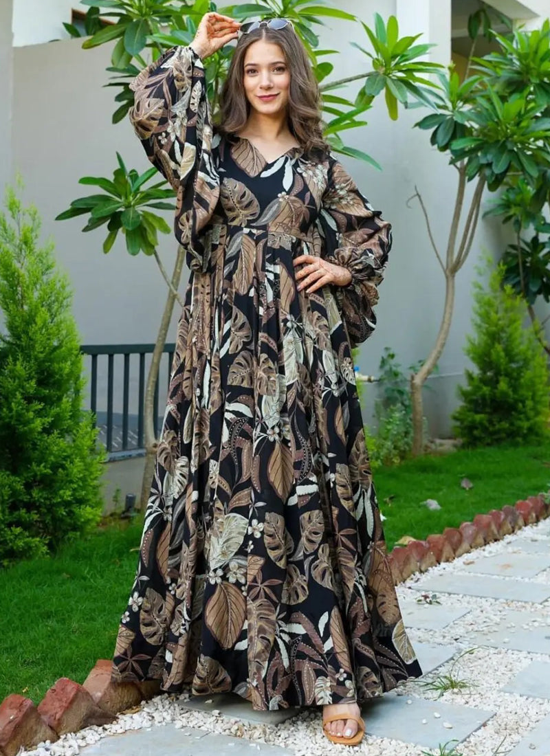 Vegaa Fashion Multi Color Heavy Air Tex Chinon Silk Digital Print Designer Gown - Distacart