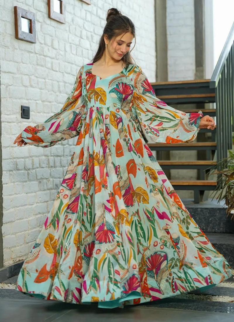 Vegaa Fashion Multi Color Heavy Air Tex Chinon Silk Digital Print Designer Gown - Distacart
