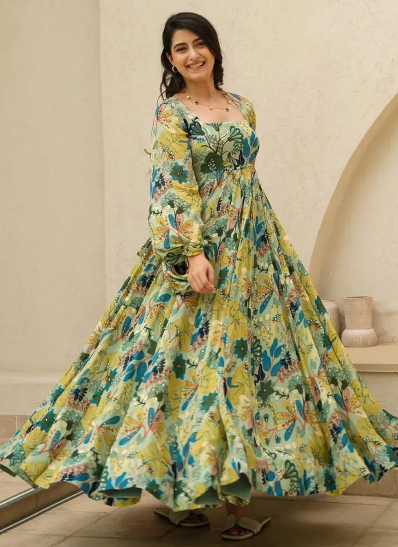 Vegaa Fashion Multi Color Heavy Air Tex Chinon Silk Digital Print Designer Gown - Distacart