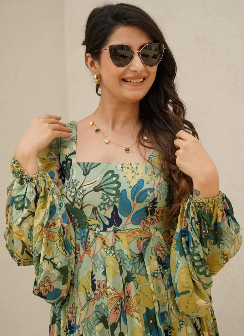 Vegaa Fashion Multi Color Heavy Air Tex Chinon Silk Digital Print Designer Gown - Distacart