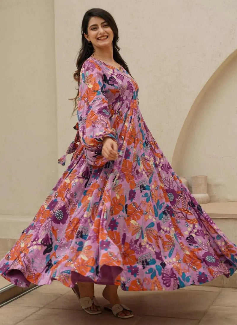 Vegaa Fashion Multi Color Heavy Air Tex Chinon Silk Digital Print Designer Gown - Distacart