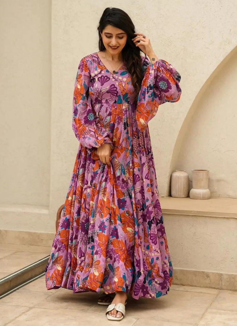 Vegaa Fashion Multi Color Heavy Air Tex Chinon Silk Digital Print Designer Gown - Distacart