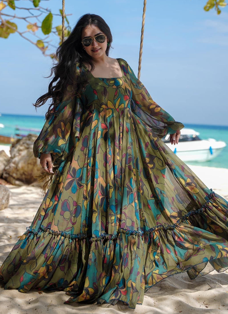 Vegaa Fashion Multi Color Heavy Air Tex Chinon Silk Digital Print Designer Gown - Distacart