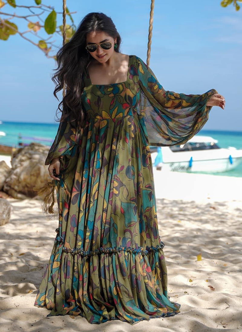 Vegaa Fashion Multi Color Heavy Air Tex Chinon Silk Digital Print Designer Gown - Distacart