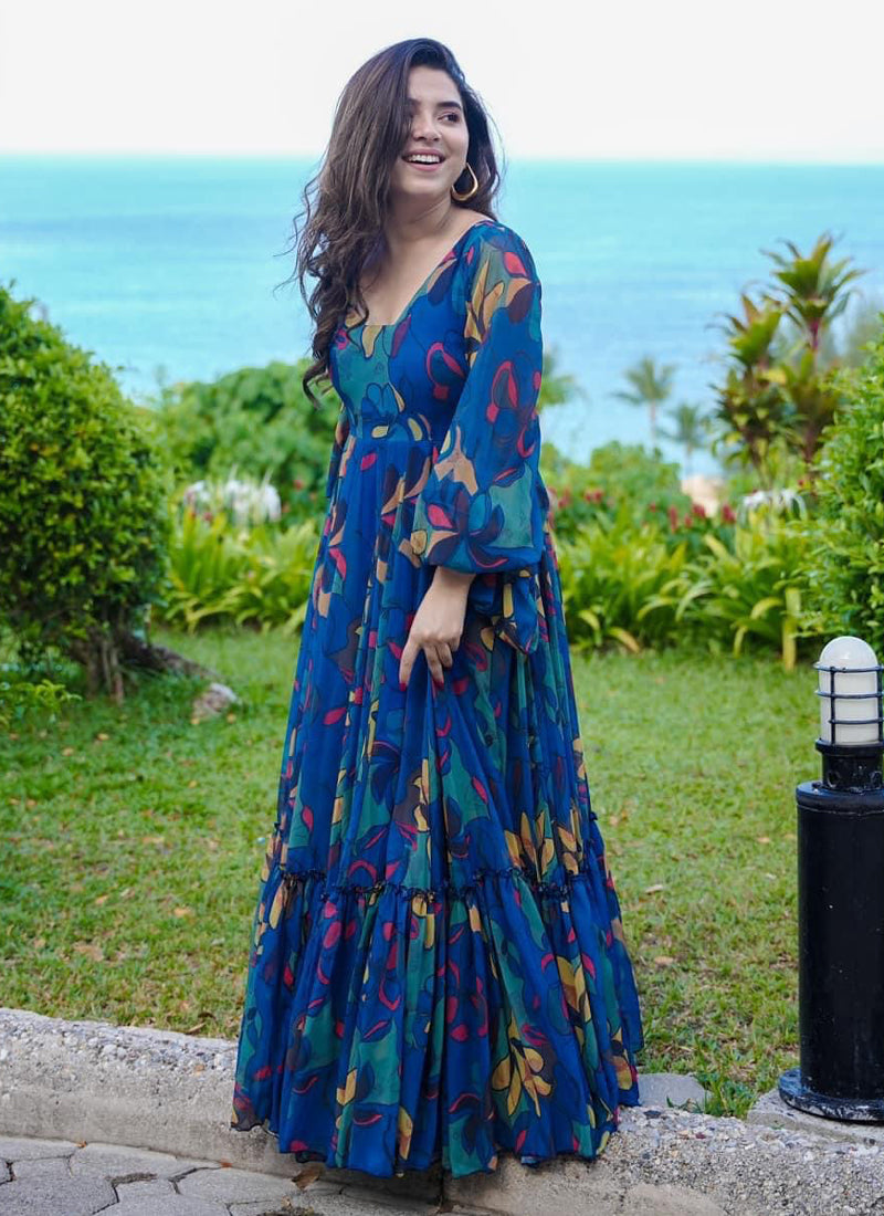 Vegaa Fashion Multi Color Heavy Air Tex Chinon Silk Digital Print Designer Gown - Distacart