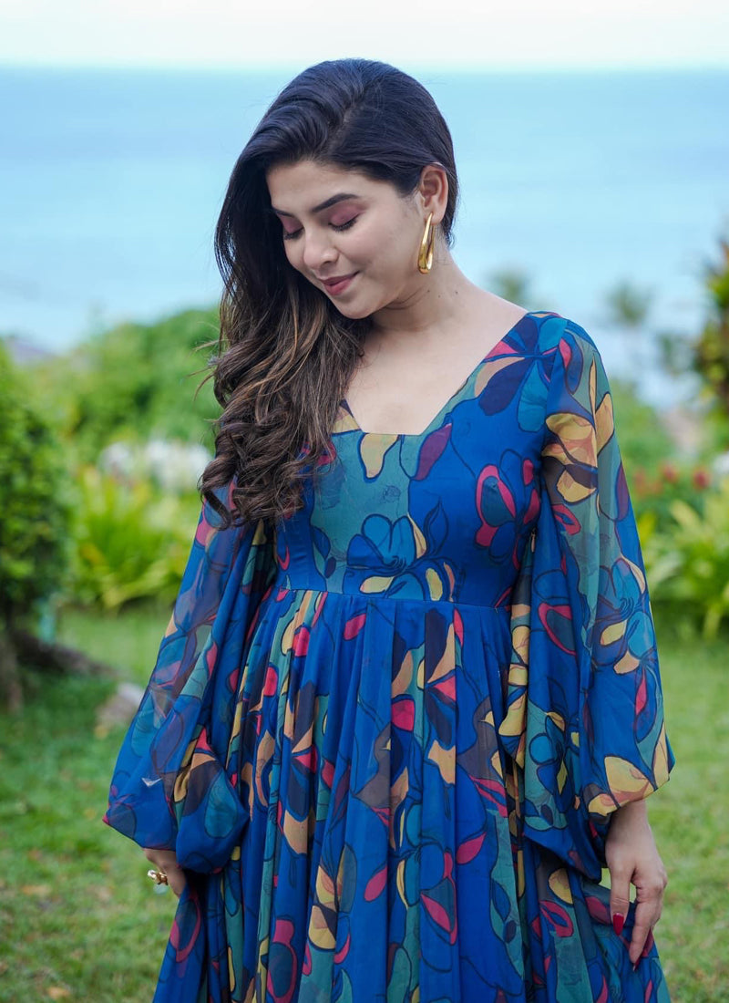 Vegaa Fashion Multi Color Heavy Air Tex Chinon Silk Digital Print Designer Gown - Distacart