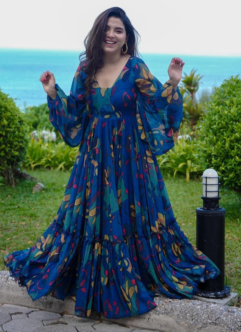 Vegaa Fashion Multi Color Heavy Air Tex Chinon Silk Digital Print Designer Gown - Distacart