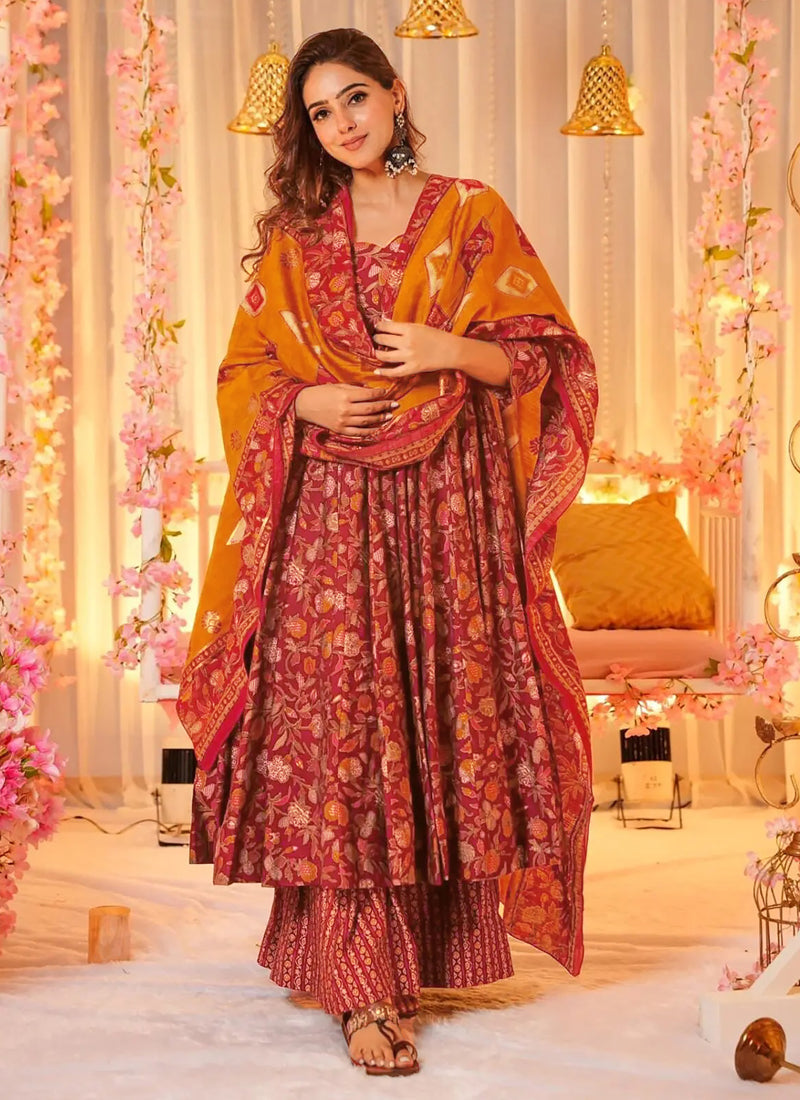 Vegaa Fashion Red Muslin Digital Print Designer Salwar Suit - Distacart