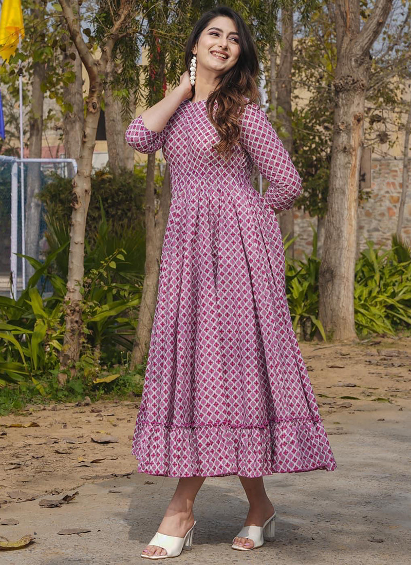 Vegaa Fashion Onion Pink Reyon Digital Print Designer Gown For Festive - Distacart