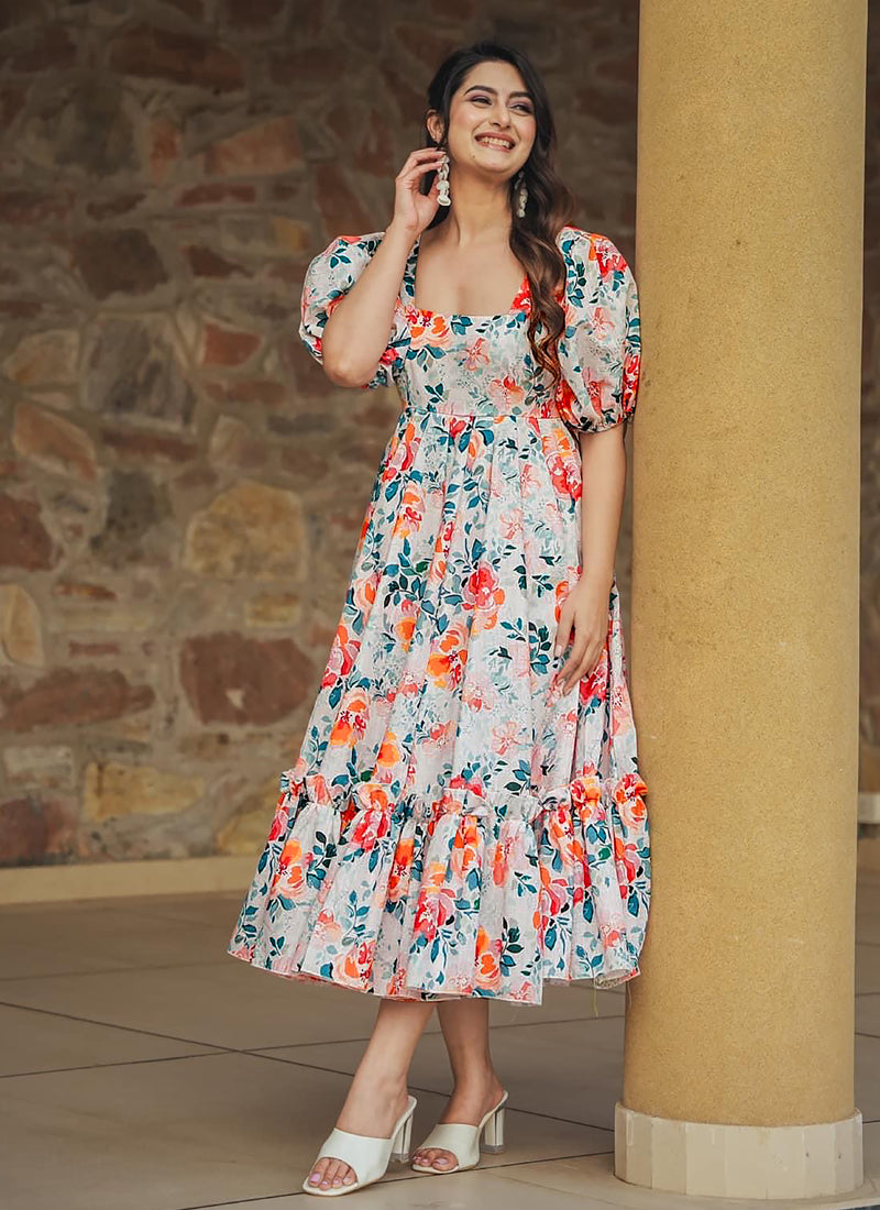 Vegaa Fashion Off White Rayon Digital Print Designer Gown For Festive - Distacart