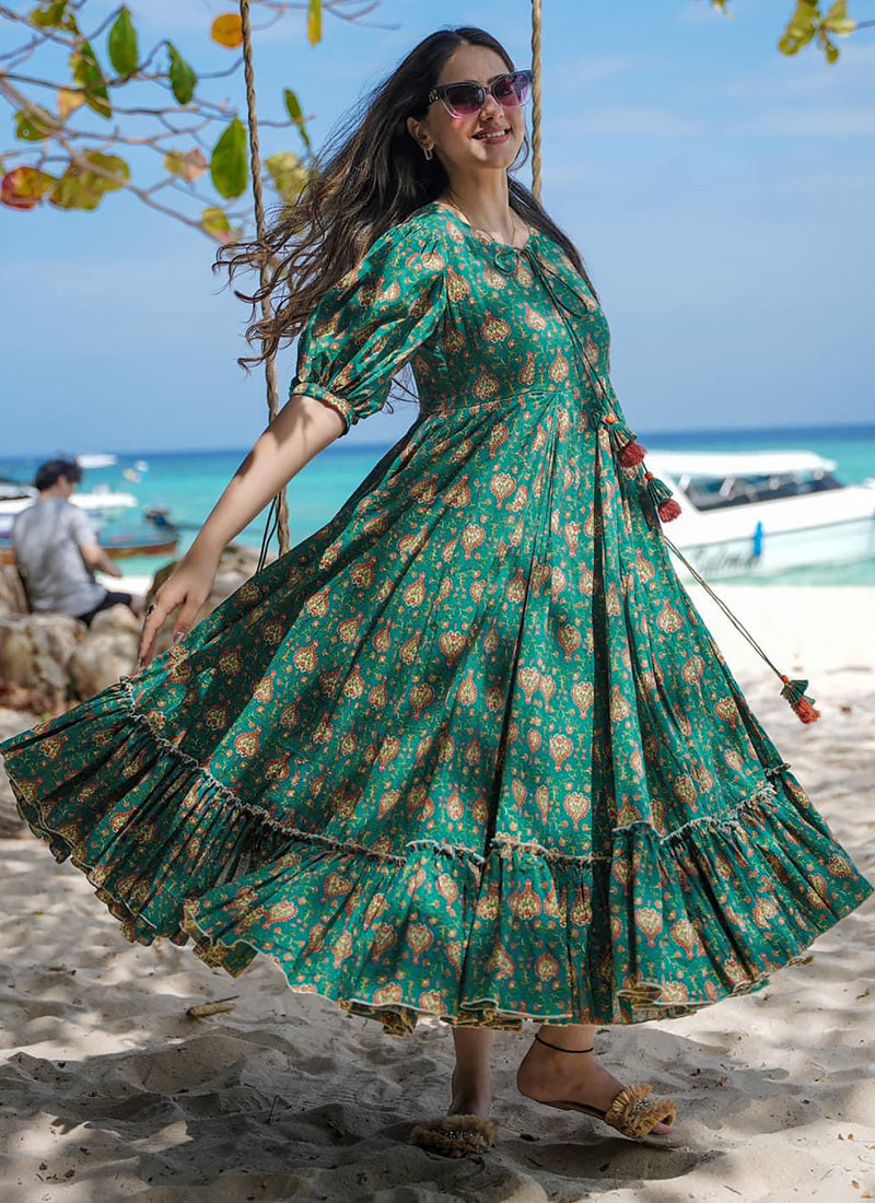 Vegaa Fashion Green Reyon Digital Print Designer Gown For Festive - Distacart