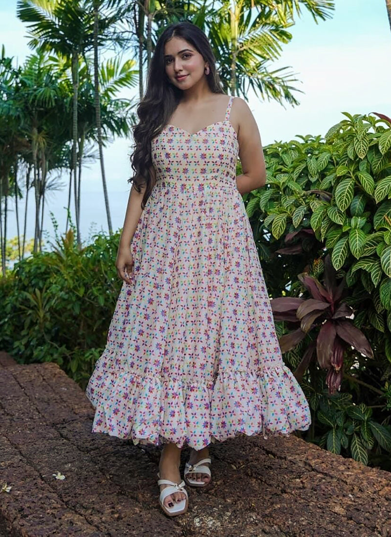 Vegaa Fashion Off White Rayon Digital Print Designer Gown For Festive - Distacart