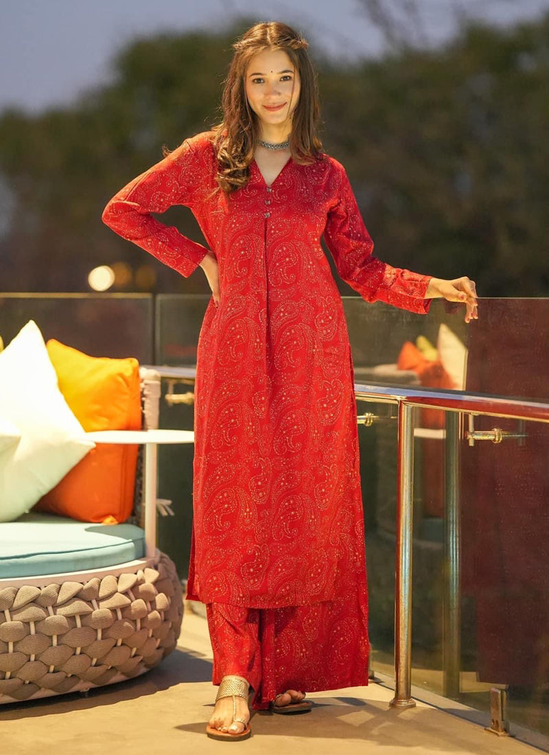 Vegaa Fashion Red Muslin Digital Print Designer Kurti Pant - Distacart