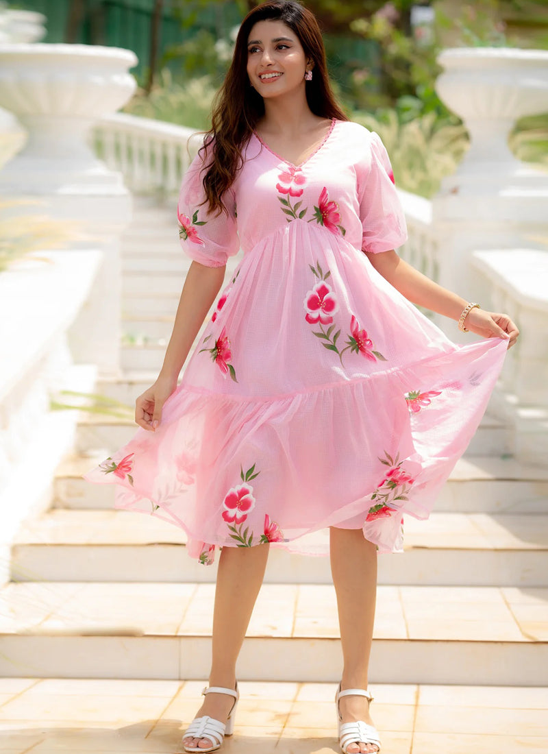 Vegaa Fashion Light Pink Rayon Kota Checks Digital Print Kurti - Distacart