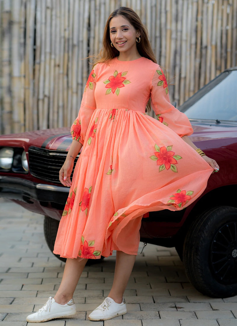 Vegaa Fashion Peach Rayon Kota Checks Digital Print Kurti - Distacart