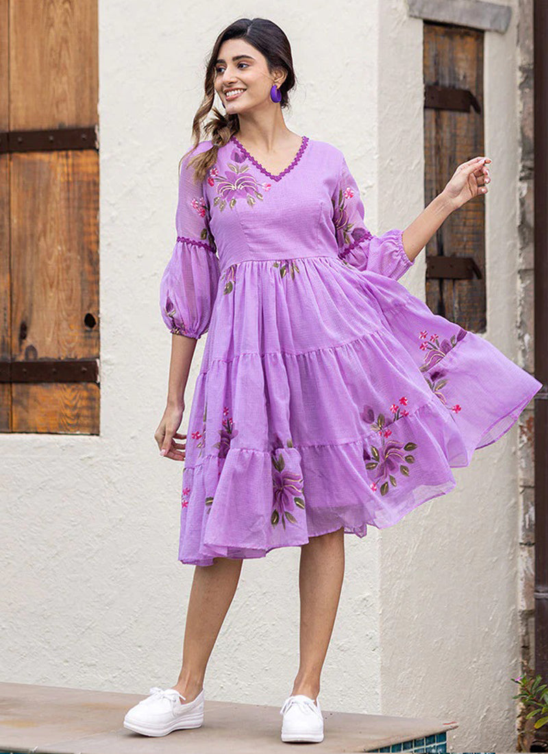 Vegaa Fashion Lavender Rayon Kota Checks Digital Print Kurti - Distacart