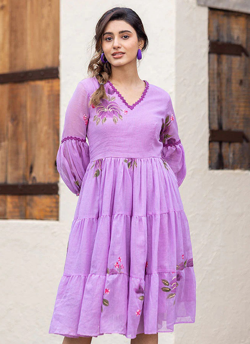 Vegaa Fashion Lavender Rayon Kota Checks Digital Print Kurti - Distacart