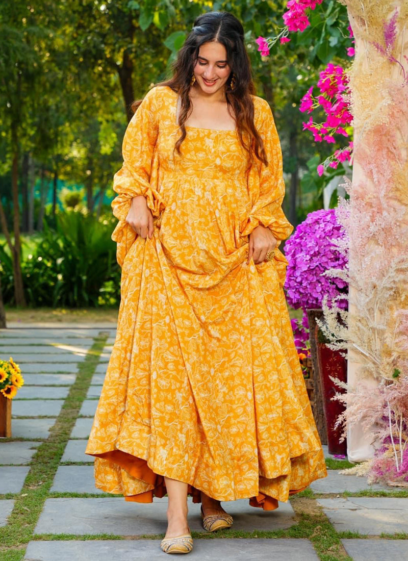 Vegaa Fashion Yellow Georgette Digital Print Designer Gown For Festive - Distacart