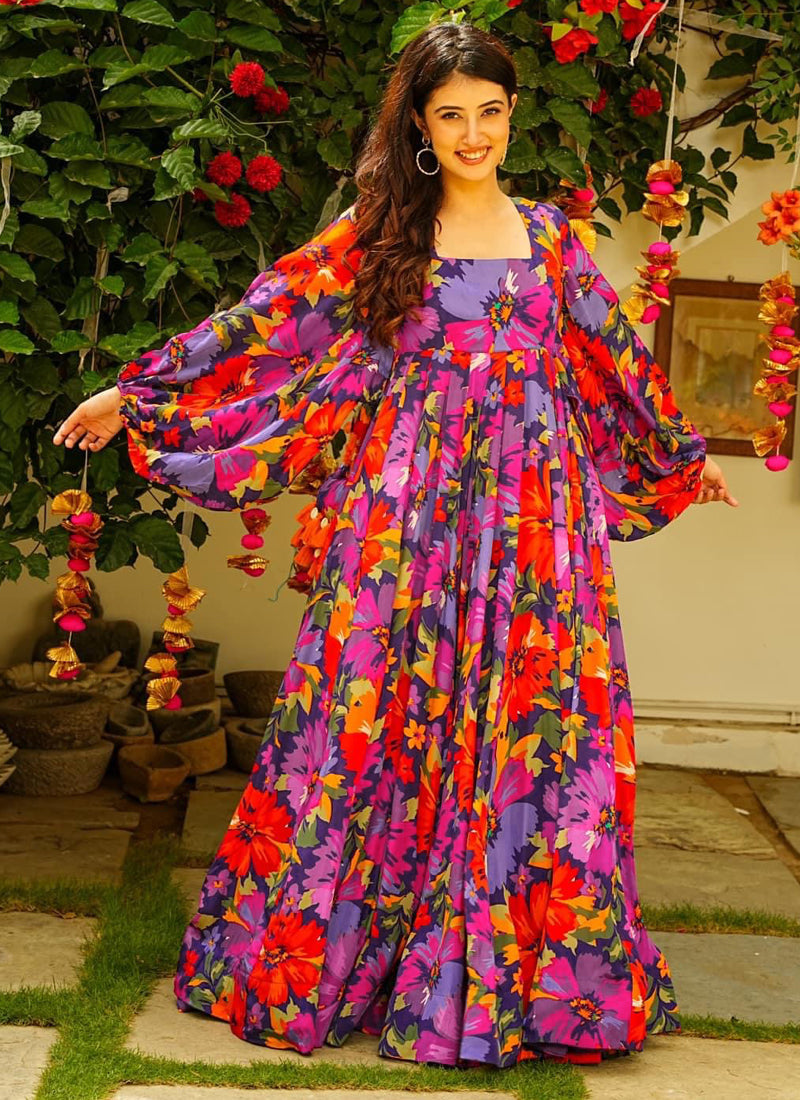 Vegaa Fashion Multi Color Georgette Digital Print Designer Gown For Festive - Distacart